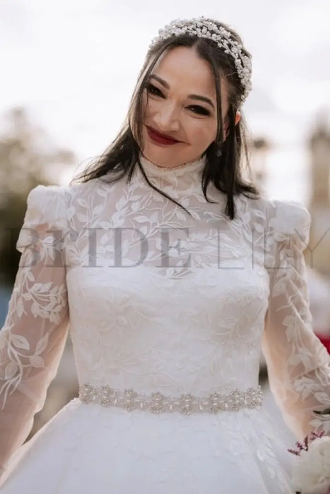 Tulle Plus Size Wedding Dress High Neck Lace Aline Bridal Dress Long Sleeves - Wedding Dresses