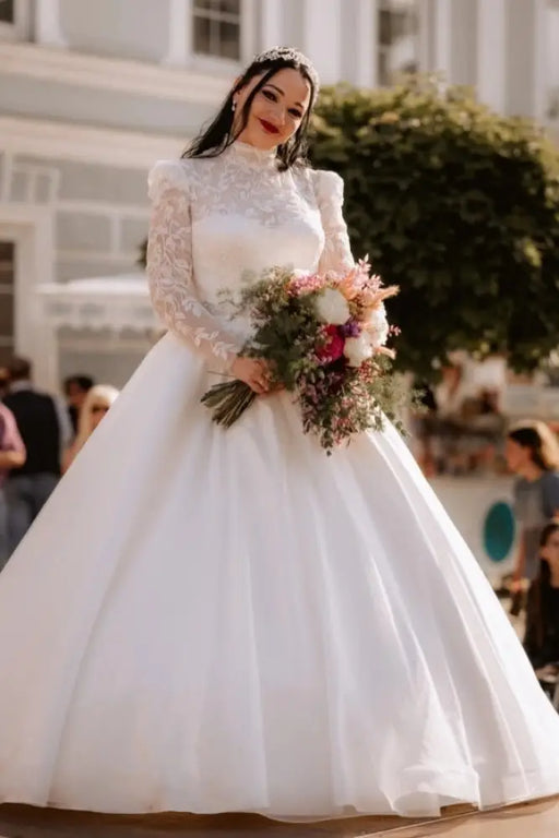 Tulle Plus Size Wedding Dress High Neck Lace Aline Bridal Dress Long Sleeves - Wedding Dresses