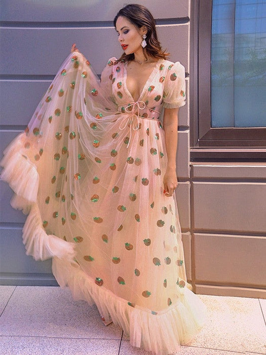 A-Line/Princess Tulle Ruffles V-neck Short Sleeves Floor-Length Dresses - Prom Dresses