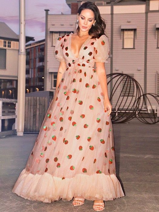 A-Line/Princess Tulle Ruffles V-neck Short Sleeves Floor-Length Dresses - Prom Dresses