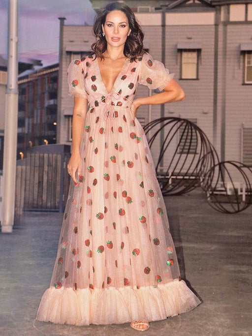 A-Line/Princess Tulle Ruffles V-neck Short Sleeves Floor-Length Dresses - Prom Dresses