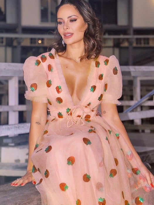 A-Line/Princess Tulle Ruffles V-neck Short Sleeves Floor-Length Dresses - Prom Dresses