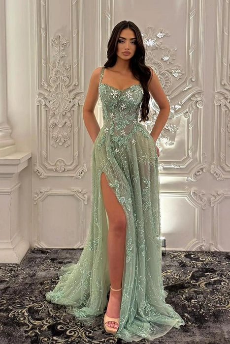 Stunning Sage Sheath Prom Dress Tulle Flowers Sleeveless Evening Dress with Split