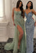 Stunning Sage Sheath Prom Dress Tulle Flowers Sleeveless Evening Dress with Split