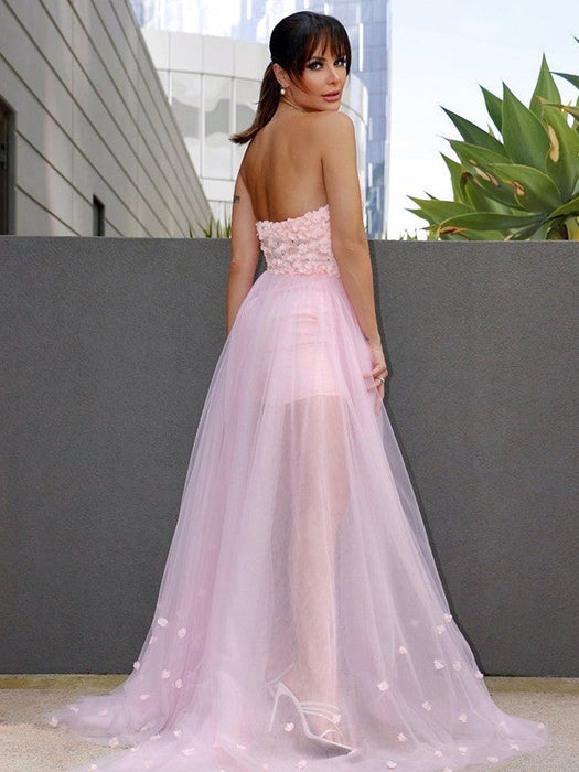 A-Line/Princess Hand-Made Flower Tulle Sleeveless Sweetheart Sweep/Brush Train Dresses - Prom Dresses