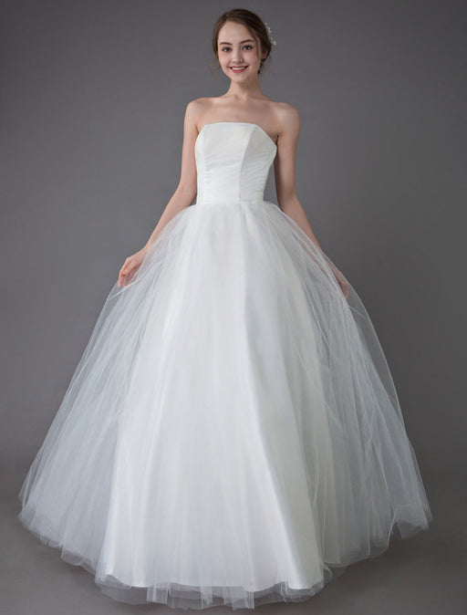 Tulle Wedding Dress Ivory Strapless Sleeveless Princess Dress Ball Gown Floor Length Bridal Dress