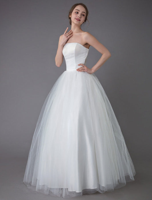 Tulle Wedding Dress Ivory Strapless Sleeveless Princess Dress Ball Gown Floor Length Bridal Dress
