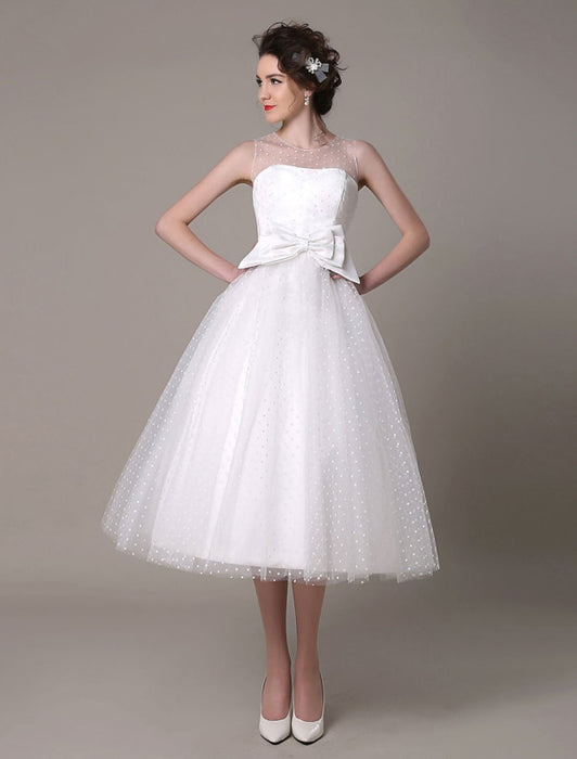 Tulle Wedding Dress Strapless A-Line Tea Length Bridal Dress With Bow misshow
