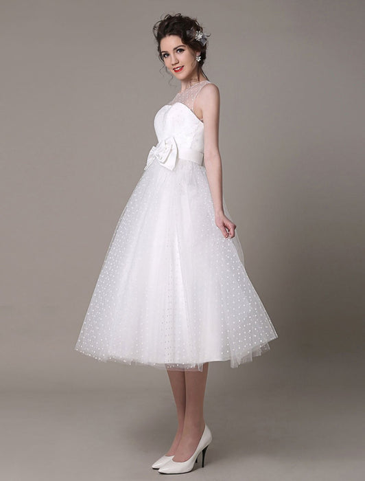 Tulle Wedding Dress Strapless A-Line Tea Length Bridal Dress With Bow misshow