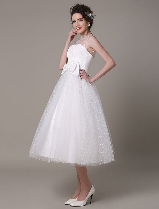 Tulle Wedding Dress Strapless A-Line Tea Length Bridal Dress With Bow misshow