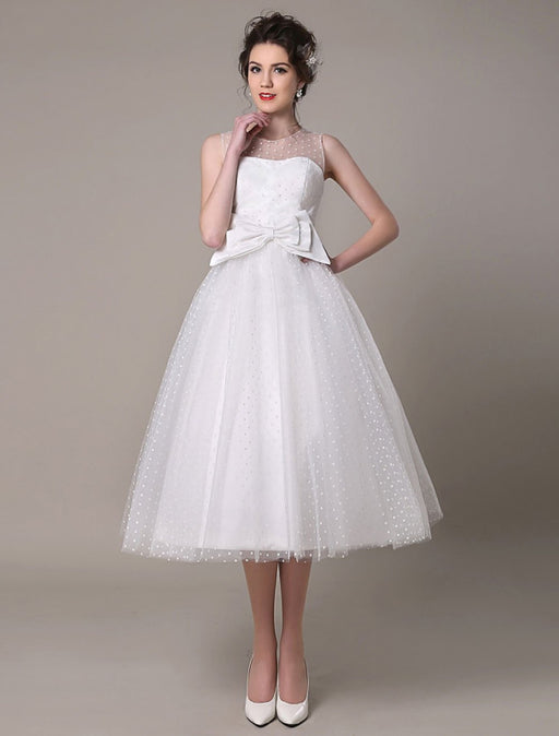 Tulle Wedding Dress Strapless A-Line Tea Length Bridal Dress With Bow misshow