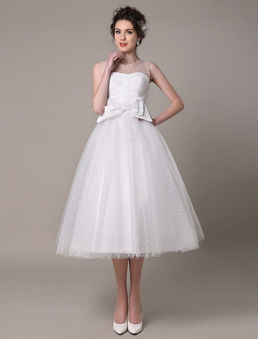 Tulle Wedding Dress Strapless A-Line Tea Length Bridal Dress With Bow misshow