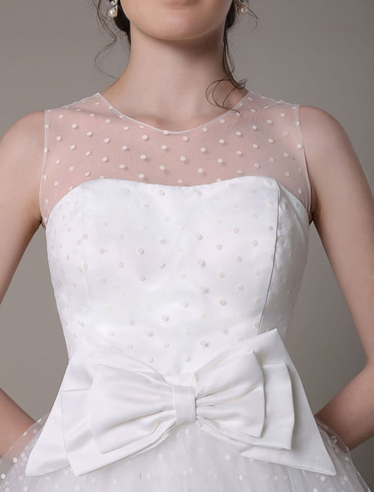 Tulle Wedding Dress Strapless A-Line Tea Length Bridal Dress With Bow misshow