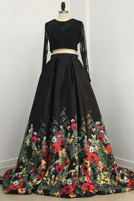Two Piece Black Sleeve Formal Appliques Long Prom Dress with Lace - Prom Dresses