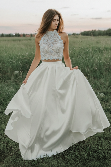 Two-Piece Lace Wedding Dress with Halter Top Modern Bridal Dress Ivory