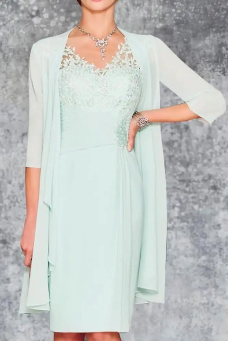 Two Piece Ruffle Chiffon Mother of the Bride Outfit Lace Short Wedding Guest Dress - Prom Dresses