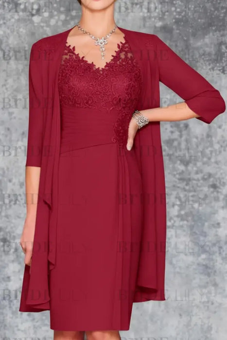 Red Two Piece Ruffle Chiffon Mother of the Bride Outfit Lace Short Wedding Guest Dress - Prom Dresses