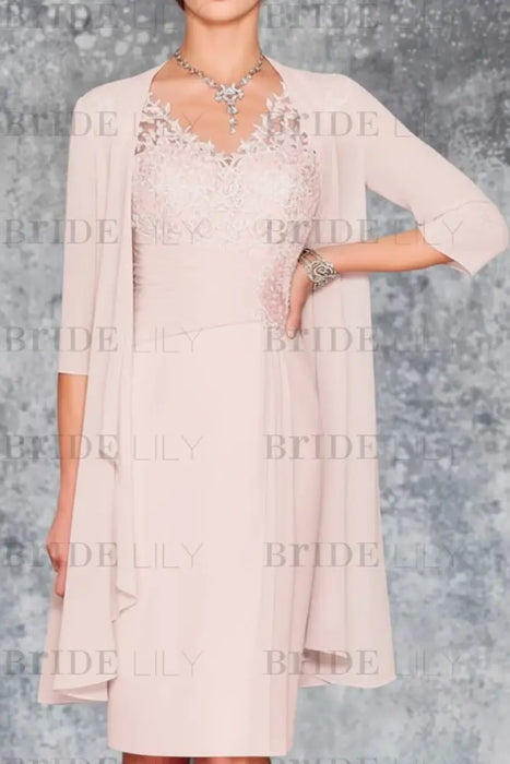 Blush Pink Two Piece Ruffle Chiffon Mother of the Bride Outfit Lace Short Wedding Guest Dress - Prom Dresses