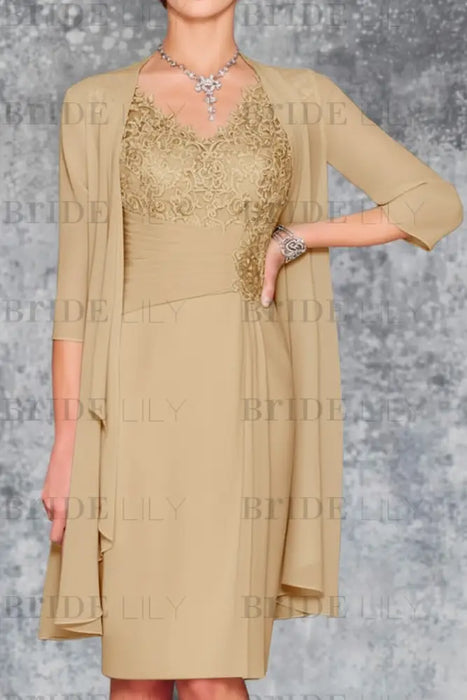 Gold Two Piece Ruffle Chiffon Mother of the Bride Outfit Lace Short Wedding Guest Dress - Prom Dresses