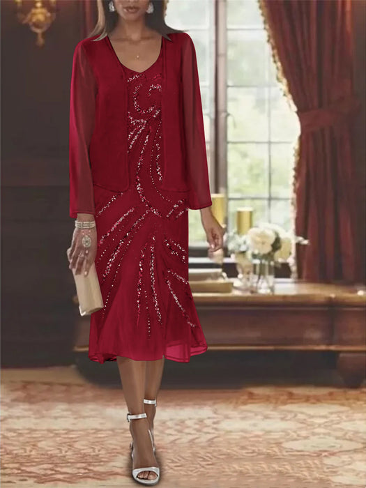 2-Piece V-Neck Chiffon Mother of the Bride Dress Set with Knee-Length Jacket and Sequins