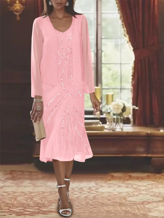 2-Piece V-Neck Chiffon Mother of the Bride Dress Set with Knee-Length Jacket and Sequins