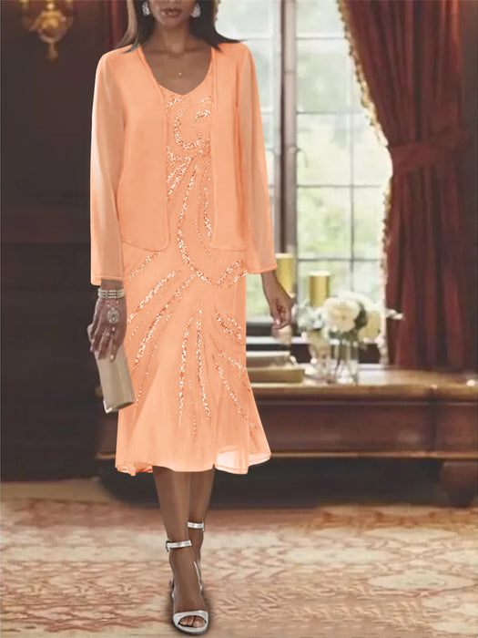 2-Piece V-Neck Chiffon Mother of the Bride Dress Set with Knee-Length Jacket and Sequins