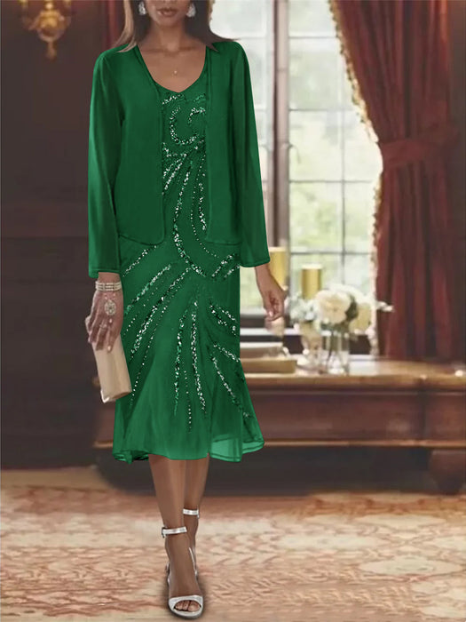 2-Piece V-Neck Chiffon Mother of the Bride Dress Set with Knee-Length Jacket and Sequins