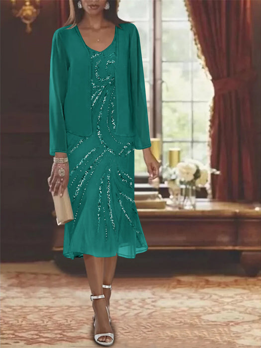 2-Piece V-Neck Chiffon Mother of the Bride Dress Set with Knee-Length Jacket and Sequins