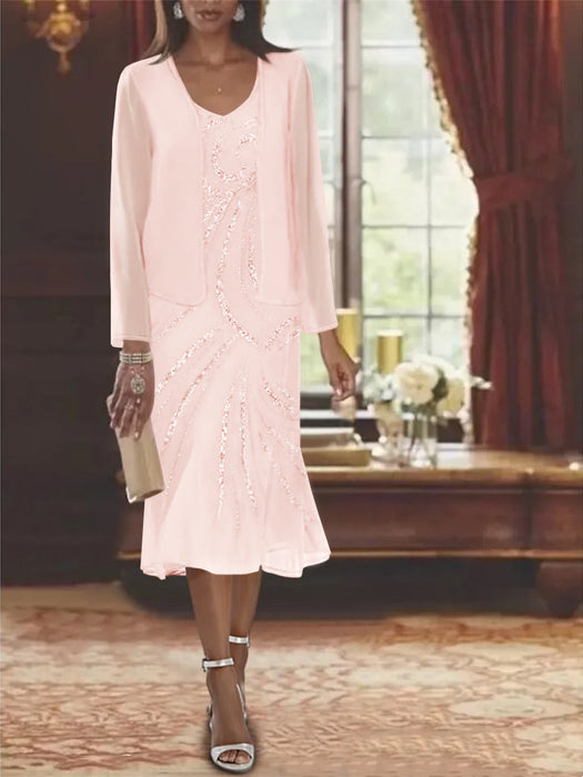 2-Piece V-Neck Chiffon Mother of the Bride Dress Set with Knee-Length Jacket and Sequins