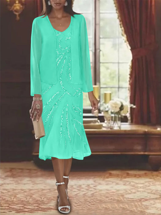 2-Piece V-Neck Chiffon Mother of the Bride Dress Set with Knee-Length Jacket and Sequins