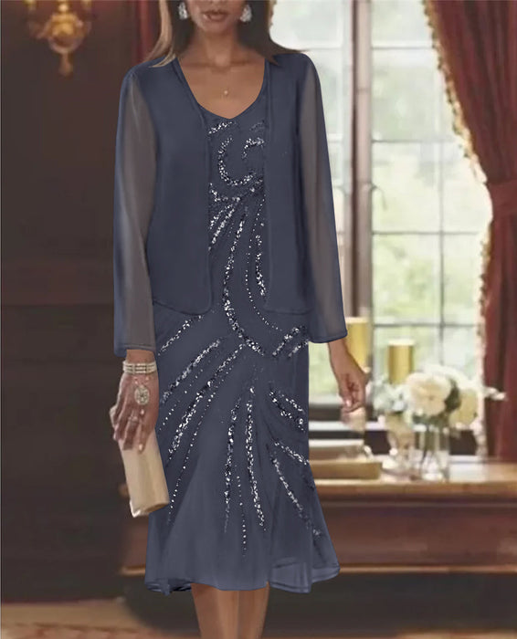 2-Piece V-Neck Chiffon Mother of the Bride Dress Set with Knee-Length Jacket and Sequins