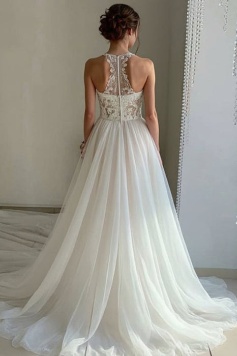 Unique High Neck Lace White Tulle Long Wedding Dress with High Split - wedding dress