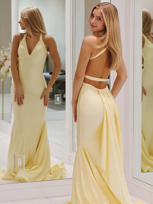 Unique Open Back Mermaid Prom Dress Evening Dress Sleeveless Daffodil