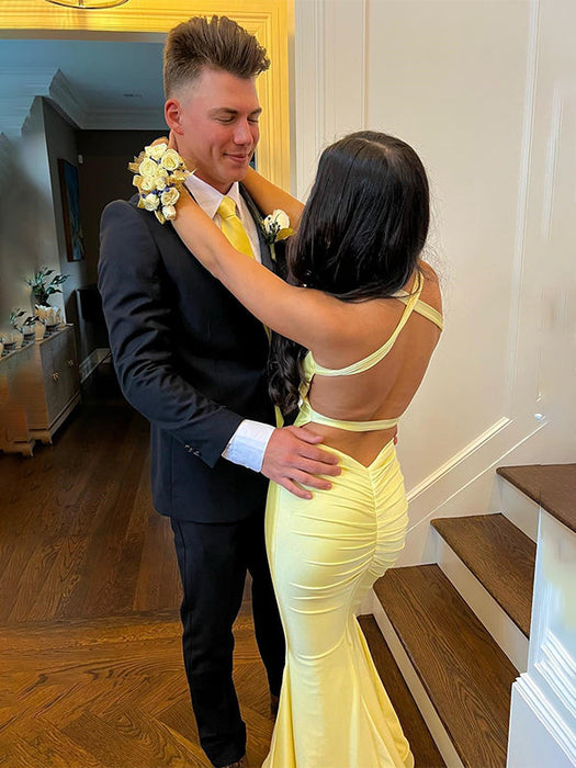 Unique Open Back Mermaid Prom Dress Evening Dress Sleeveless Daffodil