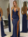 Unique Open Back Mermaid Prom Dress Evening Dress Sleeveless Navy Blue