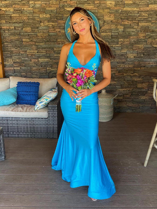 Unique Open Back Mermaid Prom Dress Evening Dress Sleeveless pool