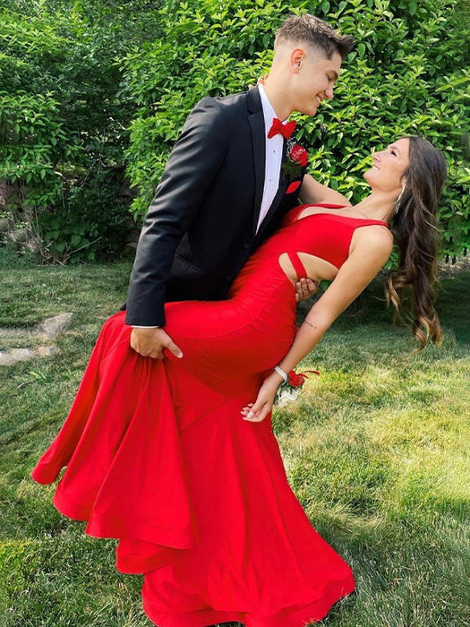 Unique Open Back Mermaid Prom Dress Evening Dress Sleeveless Red