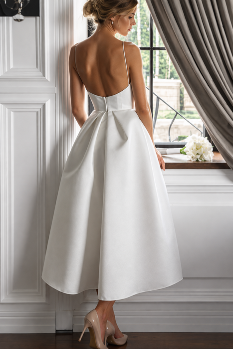 Unique Tea Length Satin Party Spaghetti Straps Backless Prom Dress - Prom Dresses