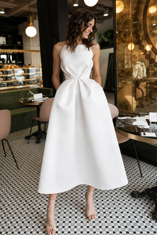 Unique Tea Length Satin Party Spaghetti Straps Backless Prom Dress - Prom Dresses