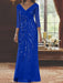V-Neck 3/4 Sleeve Floor-Length Sequined Mother of the Bride Sheath Dress