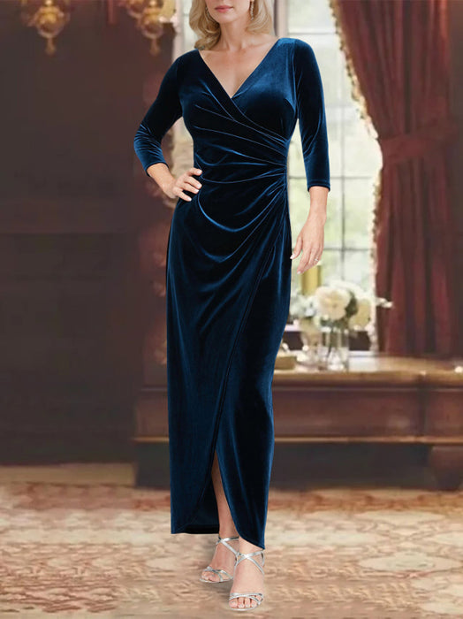 V-Neck Princess A-Line Asymmetrical Mother of the Bride Dress with 3/4 Sleeves