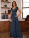 V-Neck A-Line Princess Short Sleeve Dress with Pleats Ruffles & Appliques for Mother of the Bride & Groom