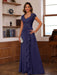 V-Neck A-Line Princess Short Sleeve Dress with Pleats Ruffles & Appliques for Mother of the Bride & Groom