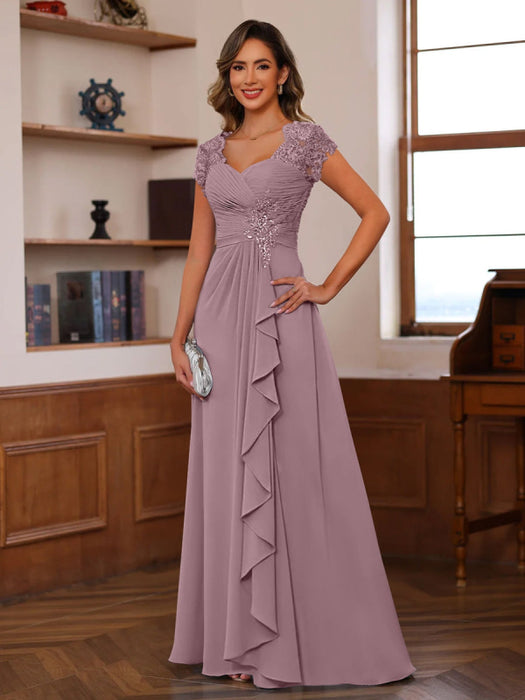 V-Neck A-Line Princess Short Sleeve Dress with Pleats Ruffles & Appliques for Mother of the Bride & Groom