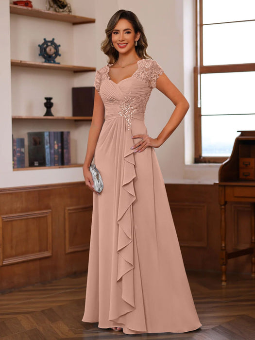 V-Neck A-Line Princess Short Sleeve Dress with Pleats Ruffles & Appliques for Mother of the Bride & Groom