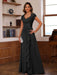 V-Neck A-Line Princess Short Sleeve Dress with Pleats Ruffles & Appliques for Mother of the Bride & Groom