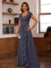 V-Neck A-Line Princess Short Sleeve Dress with Pleats Ruffles & Appliques for Mother of the Bride & Groom