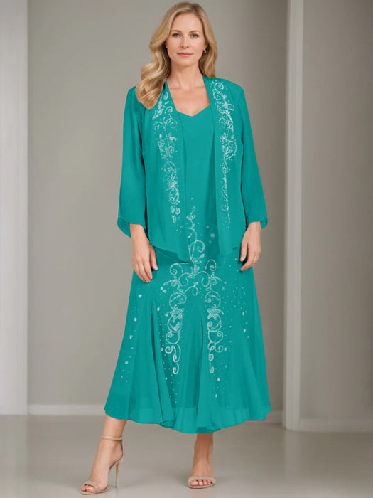 V-Neck A-Line Princess Two-Piece Plus Size Mother of the Bride Dress with Jacket and Sequins in Tea-Length