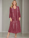 V-Neck A-Line Princess Two-Piece Plus Size Mother of the Bride Dress with Jacket and Sequins in Tea-Length