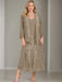 V-Neck A-Line Princess Two-Piece Plus Size Mother of the Bride Dress with Jacket and Sequins in Tea-Length